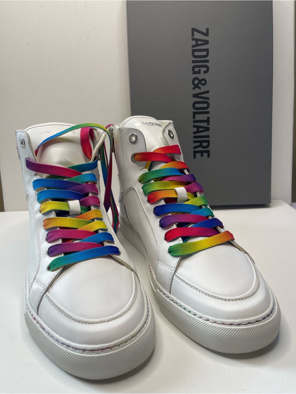 NIB ZADIG & VOLTAIRE ZV1747 HIGH FLASH PRIDE 100% LEATHER SNEAKERS UNISEX EU 43 - Picture 3 of 17